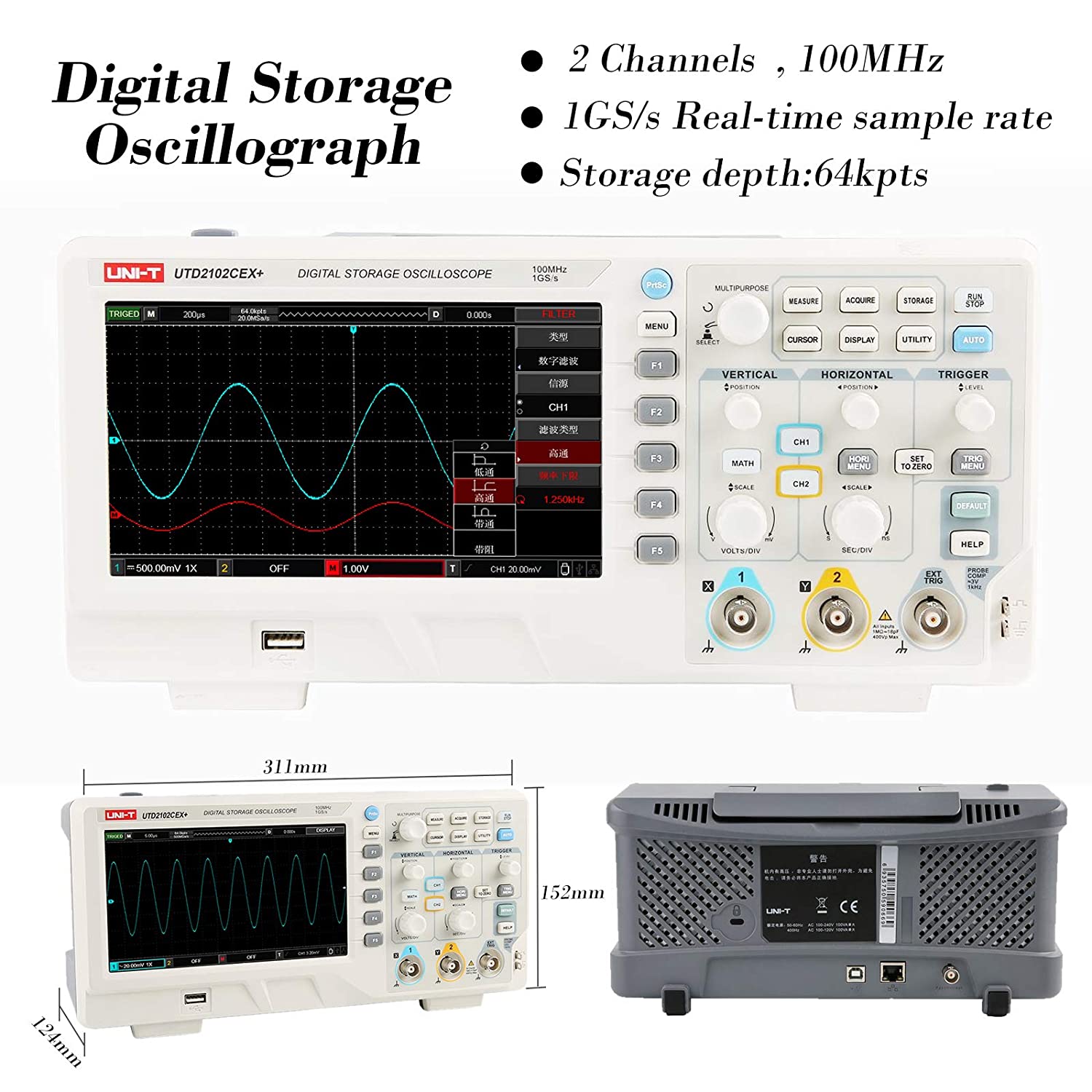 UTD2102CEX+ High Precision 100 - Digital Storage Oscilloscope 100Mhz ulasan dan harga